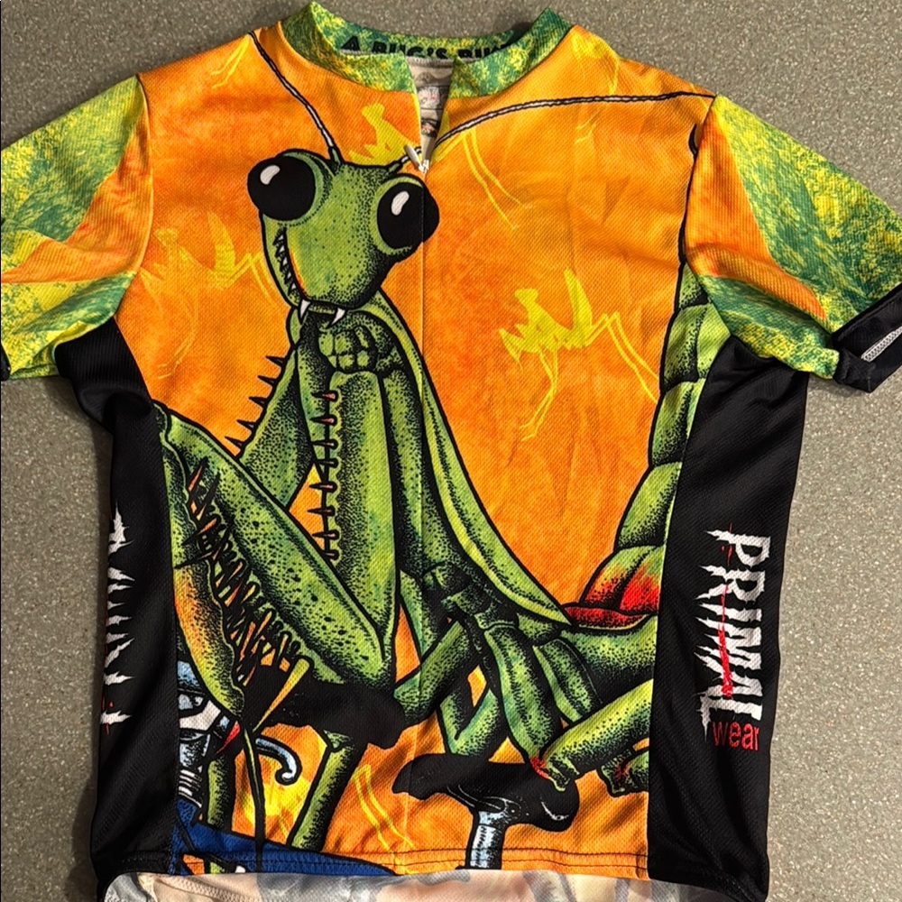 Green and Orange Cycling Jersey with Mantis Design